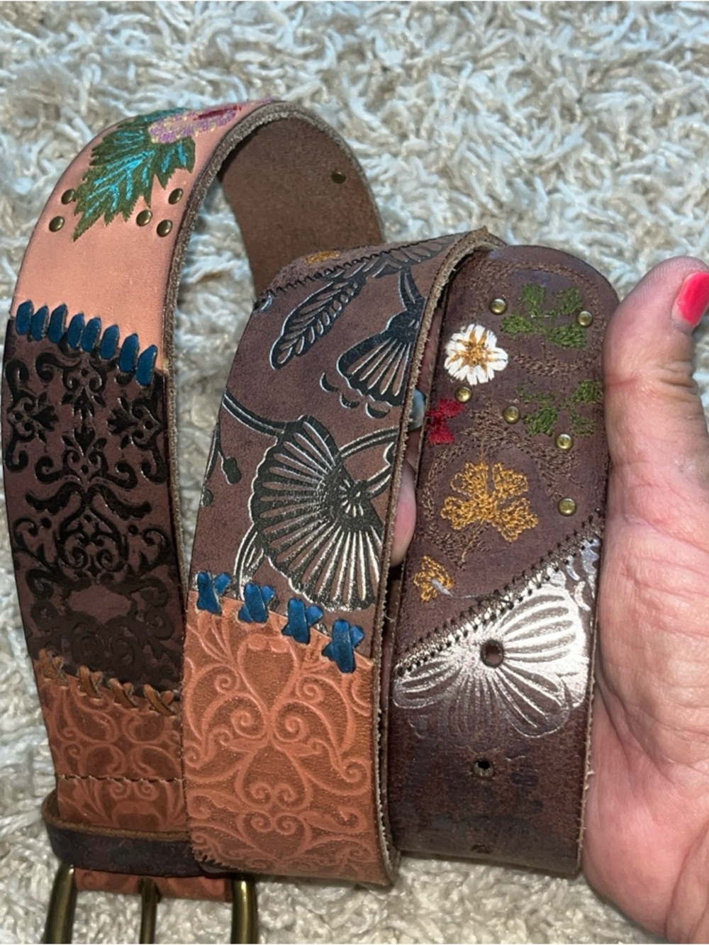 Fossil Multi-Color Embossed Leather Belt with Floral and Stud Details